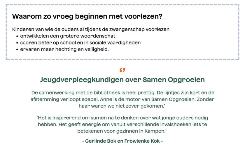 Waarom zo vroeg beginnen met voorlezen? Kinderen van wie de ouders al tijdens de zwangerschap voorlezen; ontwikkelen een grotere woordenschat; scoren beter op school en in sociale vaardigheden; ervaren meer hechting en veiligheid. Quotes van jeugdverpleegkundigen over Samen Opgroeien: 'De samenwerking met de bibliotheek is heel prettig. De lijntjes zijn kort en de afstemming verloopt soepel. Anne is de motor van Samen Opgroeien. Zonder haar waren we niet zover gekomen.’ ‘Het is inspirerend om samen na te denken over wat jonge ouders nodig hebben. Het geeft energie om vanuit verschillende invalshoeken iets te betekenen voor gezinnen in Kampen.’ 
